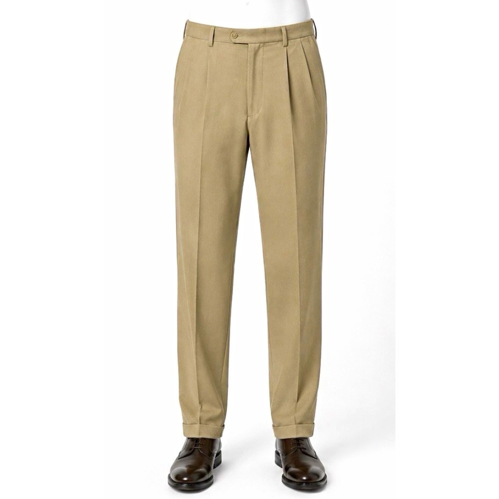 Savane Men's Beige Pleated Dress Pants 36W Tapered Cuffed Twill Pockets